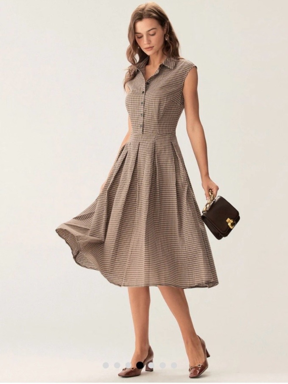 RIHOAS Brown Plaid Button Pleated Midi Dress Size S NWT Gingham Academia Vintage - Picture 2 of 8
